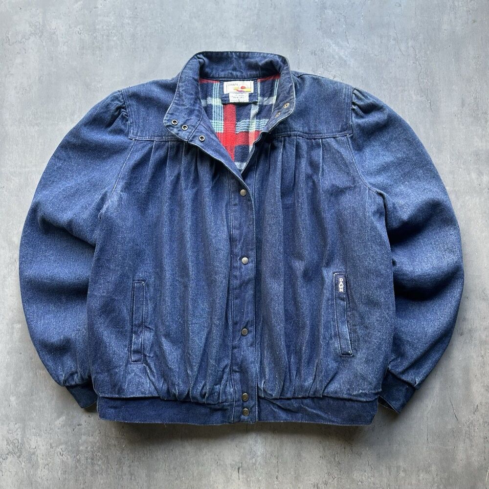 Vintage 90s Dawn Denim Jacket Plaid Lined Puff Sleeve L